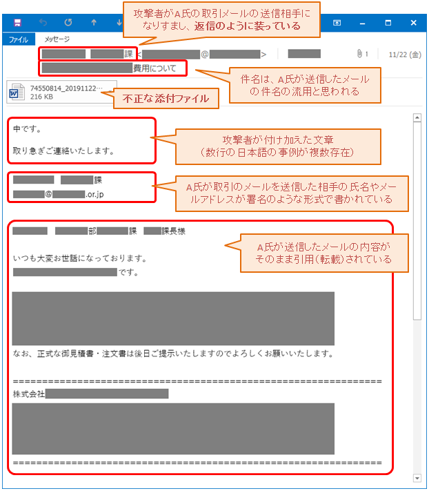 こちらは、感染したパソコンのメールで、実際にやり取りしたメールの返信を装い、不正なファイルを添付しメールが送信されているメールの例になります。