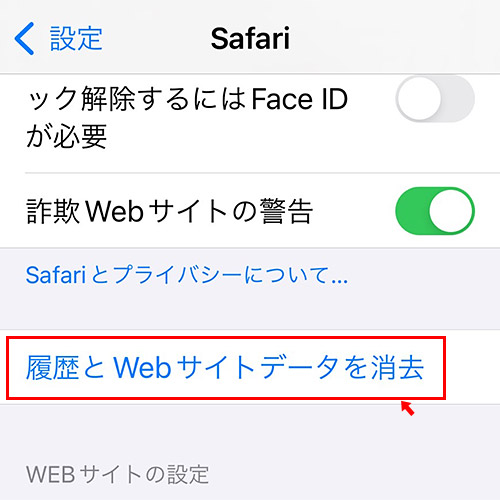 Safariの設定が開きますので「履歴とWebサイトデータを消去」をタップします